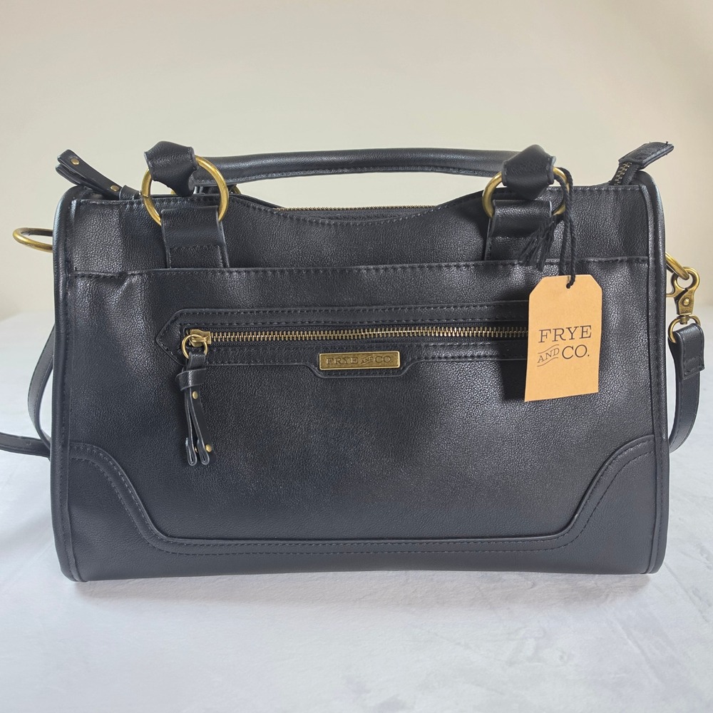 Frye and Co Womens Black  Satchel Crossbody Bag Antique Brass Hardware
